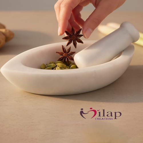 Image of White Boat Shape Marble Mortar and Pestle Set 7 Inch kitchen tool for grind, crush, and mix spices, herbs, chutneys, pastes, and medicines.