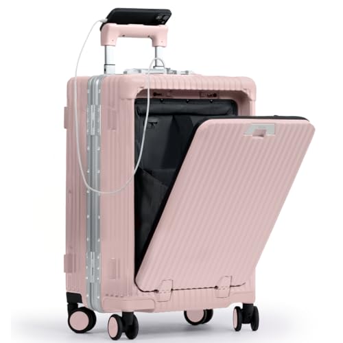 Nobl Travel Carry On Luggage, Noble Zipperless Aluminum Frame PC Hard Shell Suitcase, 22.5x15x9.5 Airline Approved, 360° Spinner Wheels, TSA Locks, USB Charging Port, Cup & Phone Holder - Pink