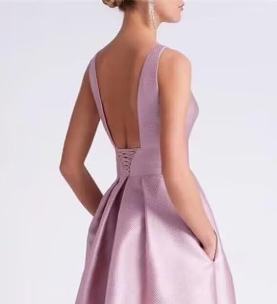 3D Flower Satin Mother of The Bride Dress High-Low Crew Neck A Line Wedding Guest Gowns with Pockets3