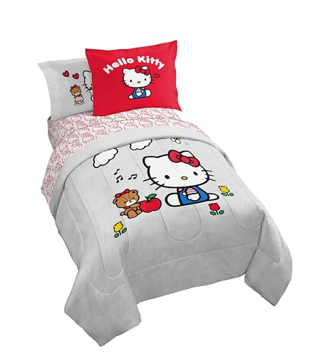 Image of Sanrio Hello Kitty Full Comforter Set 7 Piece Bedding for Girls, Grey | Bed in a Bag, Comforter Sheets Shams Pillowcases, Official Product, Soft Microfiber, Machine Washable, Girls Gift