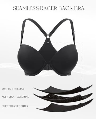 Image of YANDW Racerback Push Up Padded Bras for Women Add 2 Cup Front Closure Back Smoothing T Back Plunge Underwire Bra