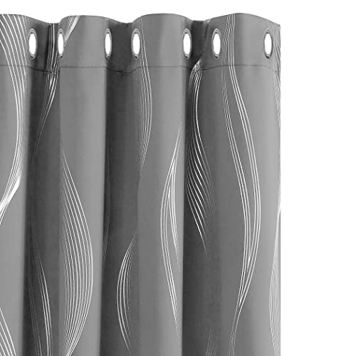 Deconovo Blackout Curtains Grey W52 x D90 Inch Silver Wave Line Foil Printed Light Blackout Curtains Thermal Insulated Curtains Eyelet Curtains for Baby Nursery Light Grey Two Panels