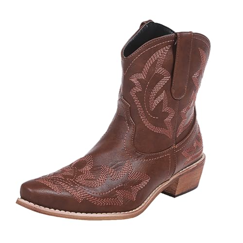 gloryinterest Cowboy Boots for Women Booties Ankle Cowgirl Western Boots Stitched Embroidered Pointed Toe Short Chunky Classic Brown Red Blue US6-10.5