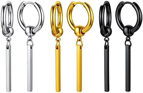 Dangle Bar Huggie Hoop Earrings for Men Man Women Stainless Steel Small Earring Hoops Set Hypoallergenic 3 Pairs