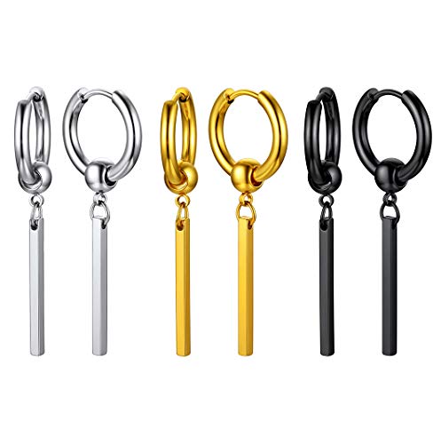 Dangle Bar Huggie Hoop Earrings For Men Man Women Stainless Steel Small Earring Hoops Set Hypoallergenic 3 Pairs #TOP29