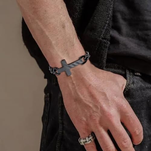 Saintda Cross Bracelet for Men, Bible Verse Jesus Patriotic Engraved American Flag Bracelets Black Stainless Steel Cuban Chain Adjustable Christian Baptism Religious Jewelry Gift for Him3