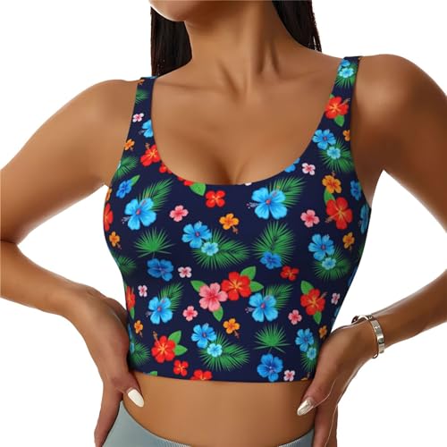 WOEZKEX Sports Bras for Women Tank Top Hawaiian Colorful Hibiscus Flowers Tropical Palm Tree Leaves Yoga Bra Workout Crop Tank Tops with Removable Pads