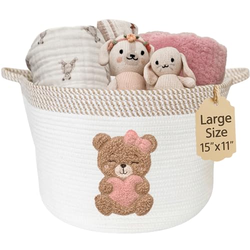 Image of Pink Teddy Bear Baby Storage Basket, Cotton Rope Nursery Bin, 15x11 in | Stuffed Animal and Blanket Storage, Embroidered Bear Patch, Baby Girl Room Decor, Gift, Kids Playroom Organizer