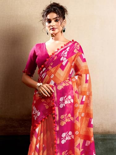 Image of AKHILAM Women's Cotton Printed Saree With Unstitched Blouse Piece