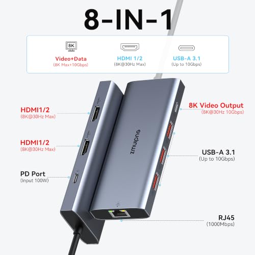 Image of Laptop USB C Docking Station Dual HDMI Monitors 8K USB C Video USB-C Hub | Docking Station 3 Monitors USB C to 2 HDMI with USB-C Video Output HDMI 3*10G USB Port PD Ethernet for Dell HP