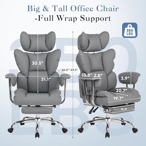 Image of Big and Tall Office Chair 350 LBS, Scratch-Resistant PU Leather Executive Office Desk Chair with Footrest, Ergonomic Reclining Computer Chair with Pocket Spring Support for Home Office, Grey