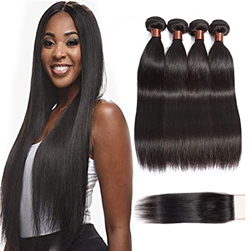 ANGIE QUEEN Brazilian Virgin Hair Human Hair Bundles Weaves 100% Unprocessed Human Hair Extention Nature Color (12 14 16 18+10 Closure, Straight Bundles with Free Part Closure)