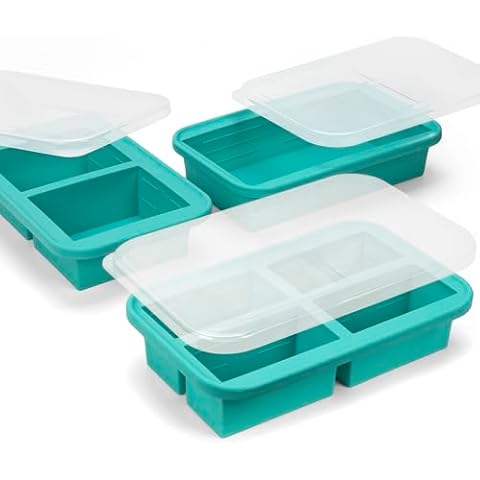 Annaklin Silicone Freezer Trays with Lid, 3 Pack of 1 Cup 2 Cup 6 Cup, Airtight Large Silicone Ice Cube Tray Mold for Soup Cube Food Storage Meal Prep, Steel Reinforced Rim, Oven Dishwasher Safe, Aqua Cover