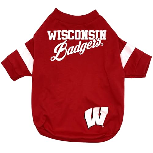 Pets First NCAA Wisconsin Badgers T-Shirt for Dogs & Cats. Size Large. Football/BASKTBALL Dog Shirt for College NCAA Team Fans. New & Updated Fashionable Stripe Design, Durable & Cute SP