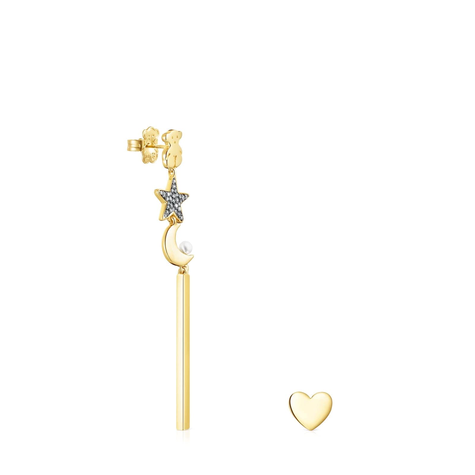 TOUS Pendientes largos con baño de oro 18 kt sobre plata, diamantes y perla Nocturne