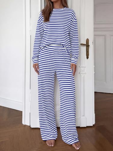 BTFBM Striped Lounge Set Sweatsuits Women 2 Piece Outfit,White Blue,M — view 2