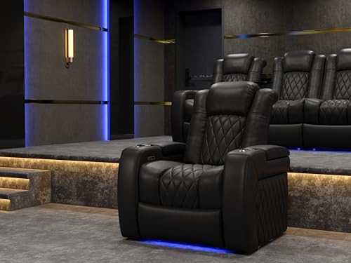 Image of Valencia Tuscany Home Theater Seat - Nappa Leather Power Recliner with Cool Gel Memory Foam, USB-C /A Charging, RGB LED Lights, Adjustable Lumbar & Headrest (Single Recliner,Black)
