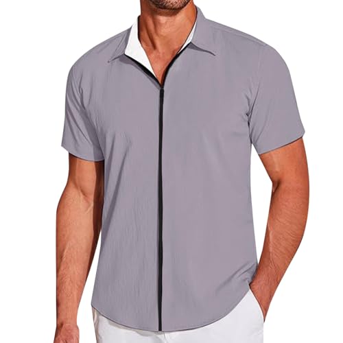 Chemise de plage décontractée d'été à manches courtes avec fermeture éclair pour homme, texture légère, chemise plissée élastique bleu clair, gris, L