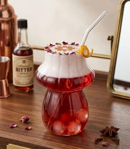 Image of Mushroom Shaped Glass Tumbler with Straw, Ribbed Glass for Juices, Milkshakes, Cold Coffee, Smoothie etc and Other Beverages Pack of 2
