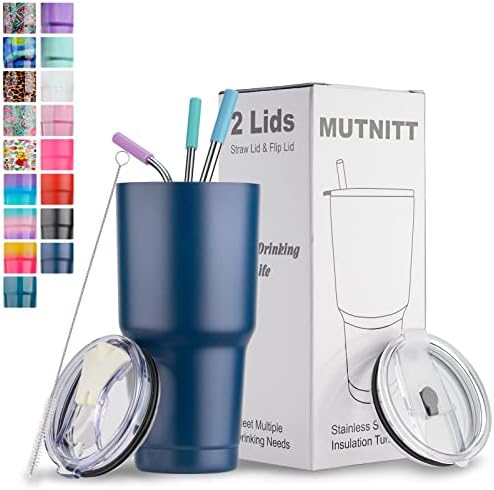 30 oz Tumbler with Lids and Straws,Stainless Steel Vacuum Insulated Coffee Tumbler,Powder Coated Insulated Travel Mug with Leak-Proof Straw Lid & Flip Lid,3 Metal Straws,1 Cleaning Brush(Navy Blue)