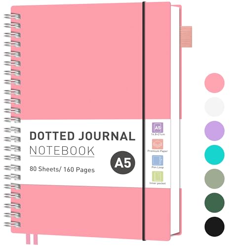 RETTACY Notebook A5 Bullet Dot Journals for Women, Grid Wirebound Spiral Notebook 160 Pages for Writing,PVC Pocket,Pen Loop, Ruler, Bookmark, for Note Taking School Office Supplies,14.5 x 20.7cm-Pink