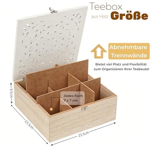 Boîte à thé en bois - Boîte de rangement vintage - Boîte à thé - 9 compartiments - Organisateur de thé - Boîte de rangement à thé - Avec couvercle sculpté – vue 2