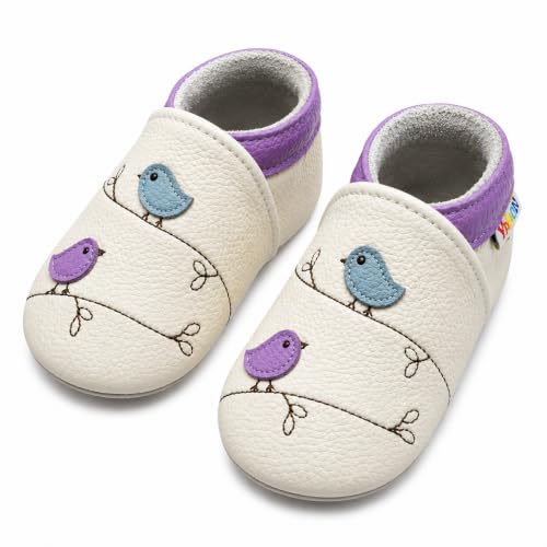 YALION Krabbelschuhe Baby Lauflernschuhe (12-18 Monate,Weiß Vögel)