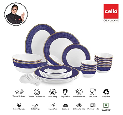 Image of Cello Opalware Solitaire Sapphire Dinner Set, 33 Pcs, Opal Glass White