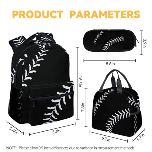 Baseball Backpack with Lunch Box and Pencil Case Set, 3 in 1 Matching Boys Black Backpacks Combo, Cool Bookbag and Pencil Case Bundle4