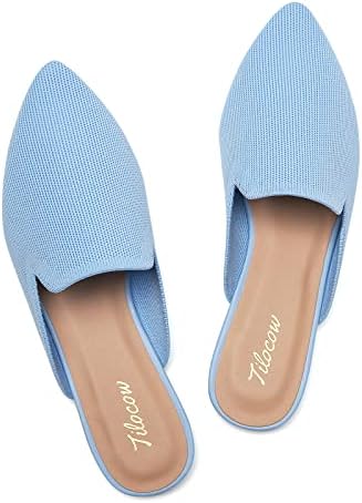 Tilocow Knit Mules for Women Flats Pointed Toe Blue Ballet Flat Womens Slip On Slides Walking Breathable Shoes