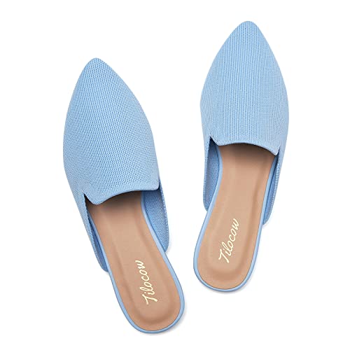 Tilocow Knit Mules For Women Flats Pointed Toe Blue Ballet Flat Womens Slip On Slides Walking Breathable Shoes #TOP26