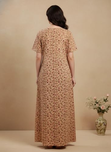 Image of Bahumaan Cotton Nighty for Women Full Length Stylish | Floral Print Cotton Maxi Dress for Women with Pocket | Sleepwear Gown for Women