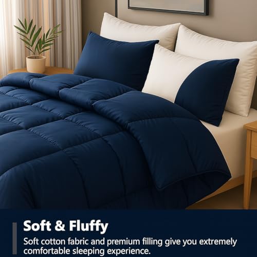 Image of Winter Bed Comforter - Double Size - Navy Blue 300 GSM Quilt Blanket Rajai - Winter Warm Down Alternative Duvet Insert with Corner Ties