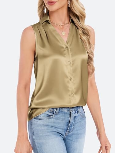 Funlingo Silk Satin Tank Tops Sleeveless Button Down Shirts Plus Size V Neck Business Casual Basic Blouse 2026 Summer Fashion Outfits Khaki XL — view 4