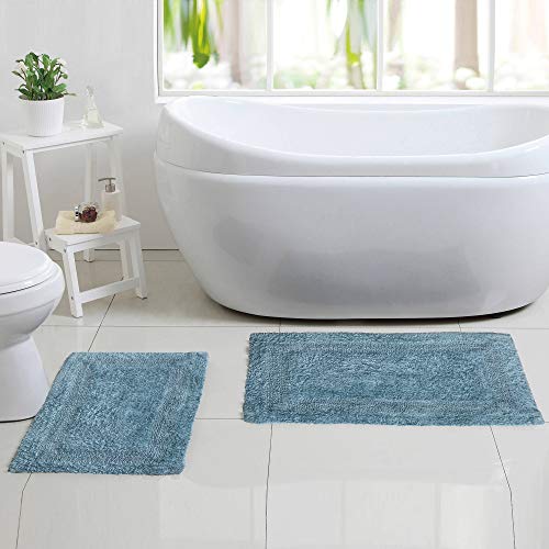 Thick Bathroom Rugs Set 2Piece In 100% Cotton 21X34/17X24 Spa Blue, Reversible Bath Rugs Set, Cotton Bath Mat,Cotton Bath Rugs, Soft Absorbent Machine Washable Rug,Livingroom Bath Rugs #TOP1