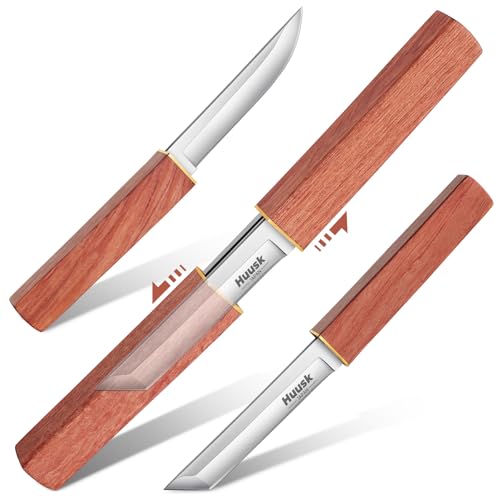 Huusk Camping Knife Fixed Blade 2 In 1 D2 Steel Japanese Samurai Knife for Men Bushcraft Knife for Outdoor Hiking Fishing