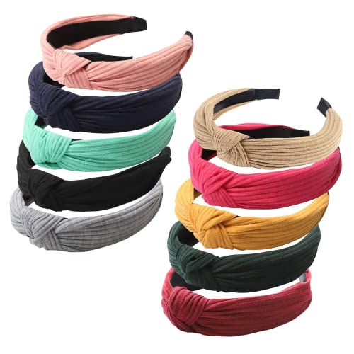 10 Pcs Top Knotted Headbands for Women and Girls, Wide Turban Headbands Fabric Hair Hoops, Head Wrap in Solid Color, Cross Knot Hair Bands Non-Slip Hair Accessories,10 Colors