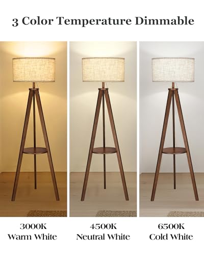 ELYONA Solid Wood Tripod Floor Lamp 3 Color Temperatures LED Blub Tall Standing Light with Table Mid Century Modern Corner Reading Floor Lamp for Living Room Bedroom Office Pull Chain Controls Brown