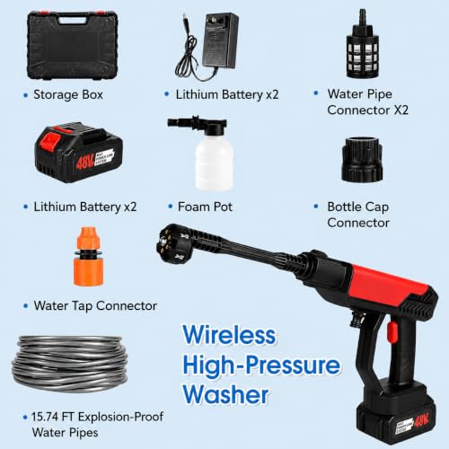 Image of (Double Battery) Cordless Portable Wireless Pressure Washer Gun 48V 12000mAh High Pressure Water Gun for Car Wash & Bikes Cleaning with Adjustable Nozzles & Charger and 5M Hose Pipe