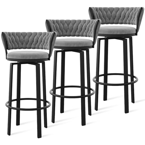 Juego de 4 taburetes giratorios de terciopelo de 360°, parte trasera abierta con diseño tejido, reposapiés dorado, elegantes sillas de comedor para isla de cocina y pub
