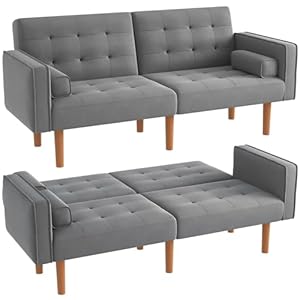 Furmax Convertible Futon Sofa Bed Fabric Modern Folding Couch, Upholstered Couch Recliner with 2 Pillows and Armrests for Living Room Lounge, Sturdy Wood Legs Fabric Home Recliner Sofa. (Grey)