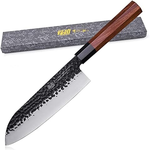 FINDKING Dynasty Series Japanese Santoku Knife, Professional Kitchen Knife, 9Cr18MoV High Carbon Steel Blade, African Rosewood Octagonal Handle, for Meat, Fruits, Vegetables, 7 Inches/18 cm Cover