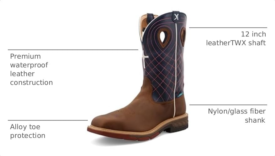 Image of Twisted X Men's 12 inch Alloy Toe Waterproof Western Work Boot - Full-Grain Leather, CellStretch Comfort, EH Rated, Oil & Slip Resistant, ASTM F2413-18, Square Toe, Mocha & Navy, 11.5 Medium