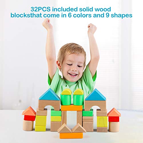 Gemileo Wooden Building Blocks Set For Toddlers Wood Large Construction Stacking Toddler Blocks 32 Pieces Educational Learning Toys Games For 3+ Year Kids Boys Girls Gifts #TOP5