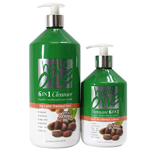 Hair One 6 In 1 Cleanser for Color Treated Hair - Jojoba Oil 33.8 ounce and 16.9 ounce (2-Piece Set)