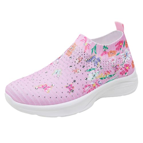 Women's Fashion Trend Fly Weave One Foot Stirrup Rhinestone Sock Shoes Casual Shoes Minimalist Casual Shoes (38) Pink