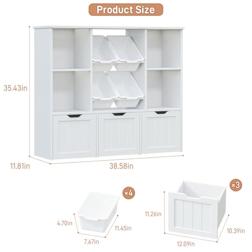 Image of Toy Storage Organizer with 4 Toy Bins, Toy Organizer Kids Bookshelf with 3 Movable Drawers and 4 Open Cubbies, Toy Bins for Kids Organizer Playroom Storage for Living Room with Hidden Wheels, White