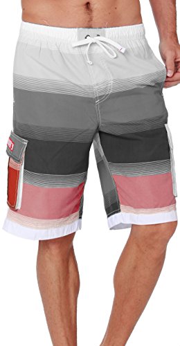 Men's Quick Dry Swim Trunks Cargo Water Shorts with Mesh Lining (Red Stripes, Small)