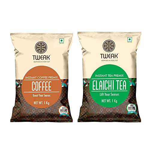 Image of TWEAK Instant Coffee Premix & Elaichi Tea Premix 1Kg Pack of 2 | Rich & Creamy 3 In 1 Coffee & Cardamom Tea | Just Add Hot Water | No Milk Required | Instant Beverage Mix for Home, Office & Travel