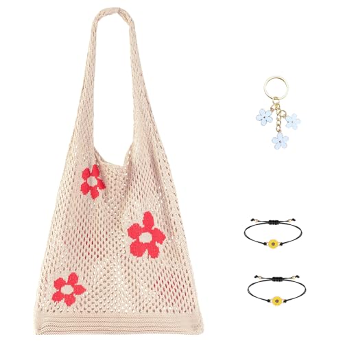 Crochet Tote Bag with Cute KeyChain Sunflower Bracelet - Aesthetic Mesh Beach & Pool Hobo Bag